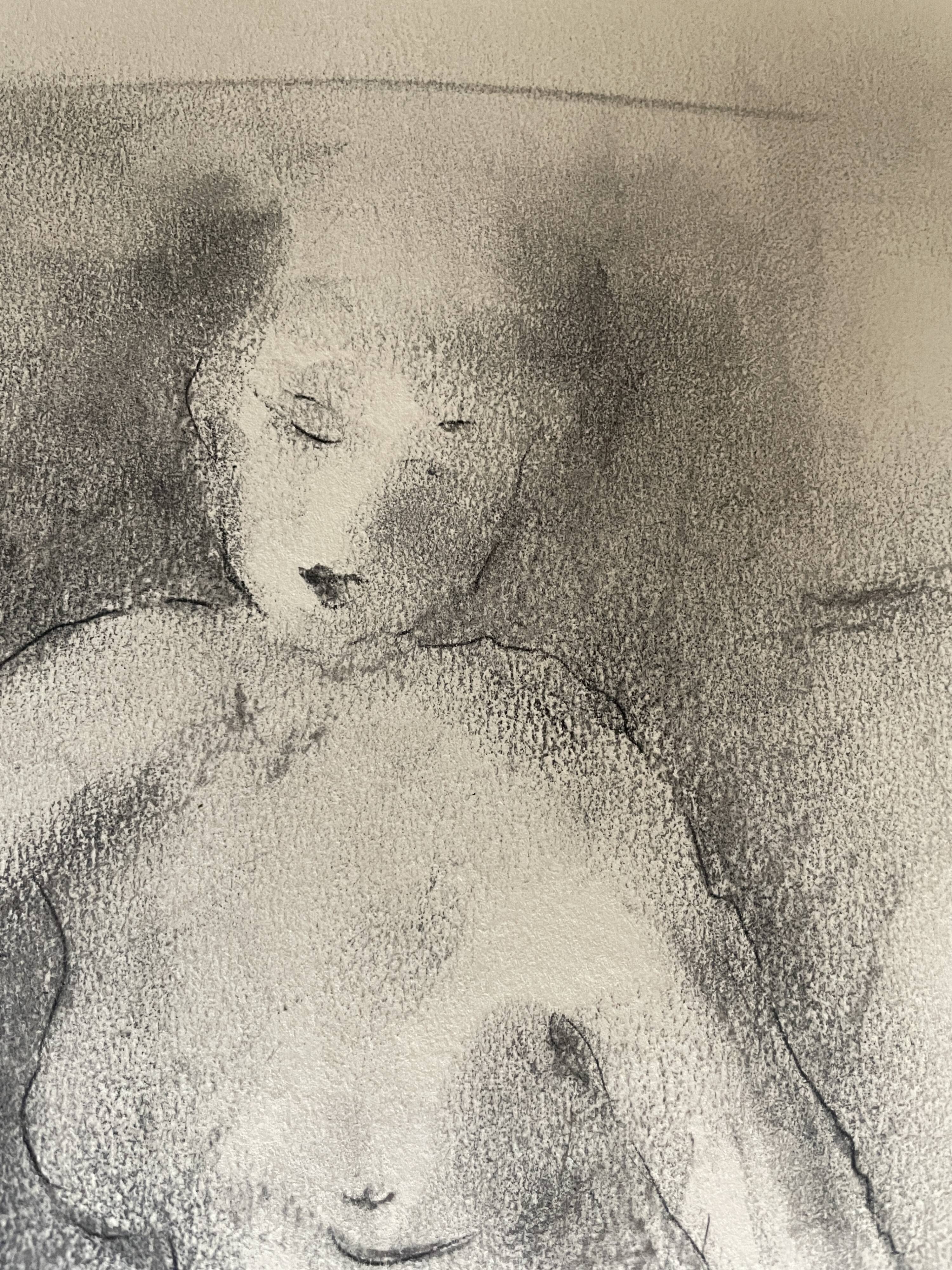 Signed female nude charcoal painting