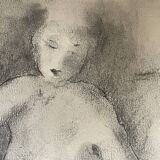 Signed female nude charcoal painting