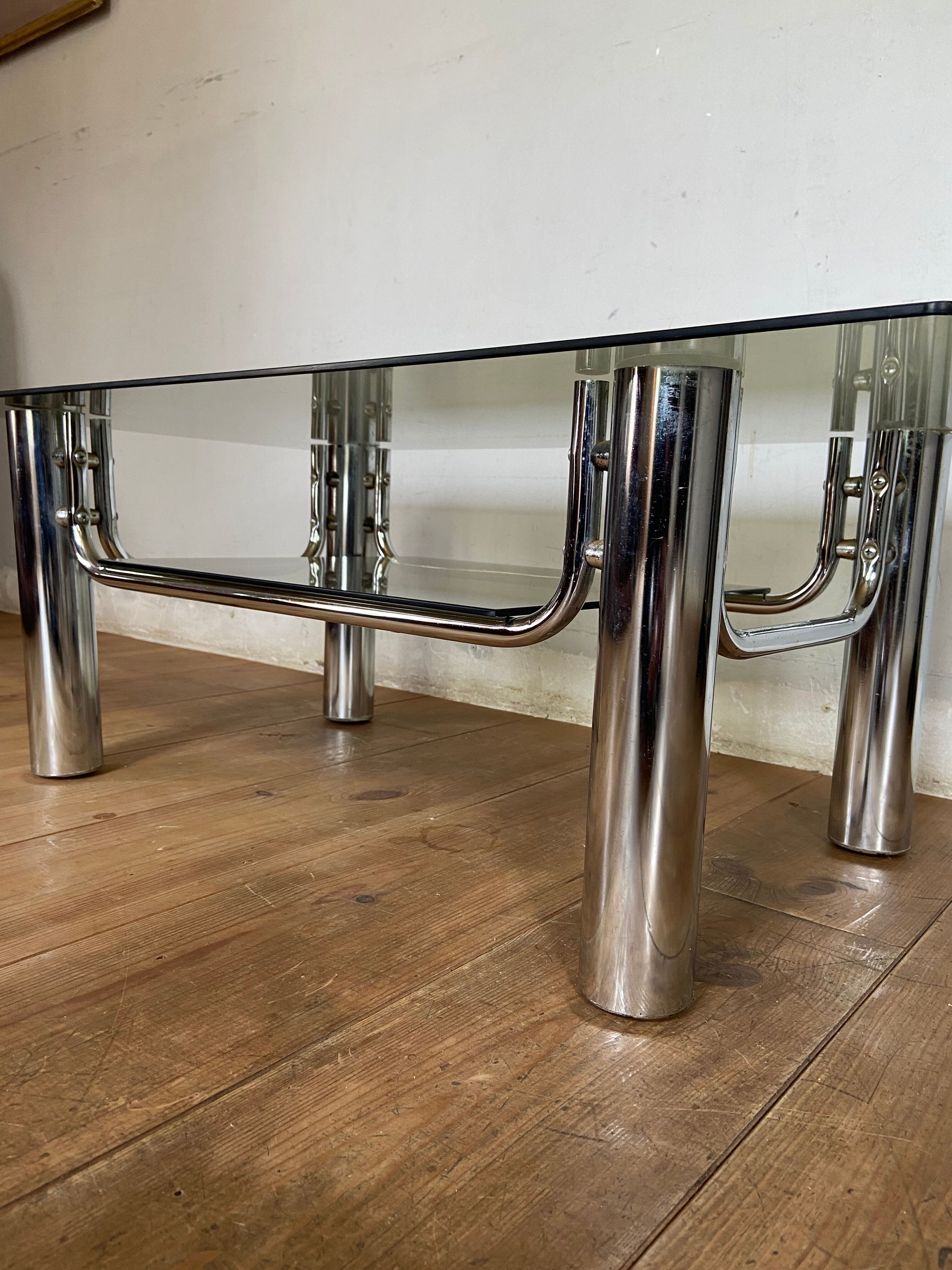 Coffee table chrome and smoked glass design 70s