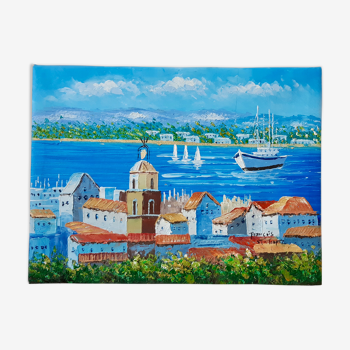 Tableau huile sur toile représentant Saint Tropez sud de la France vintage