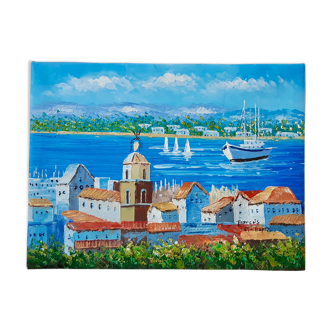 Tableau huile sur toile représentant Saint Tropez sud de la France vintage