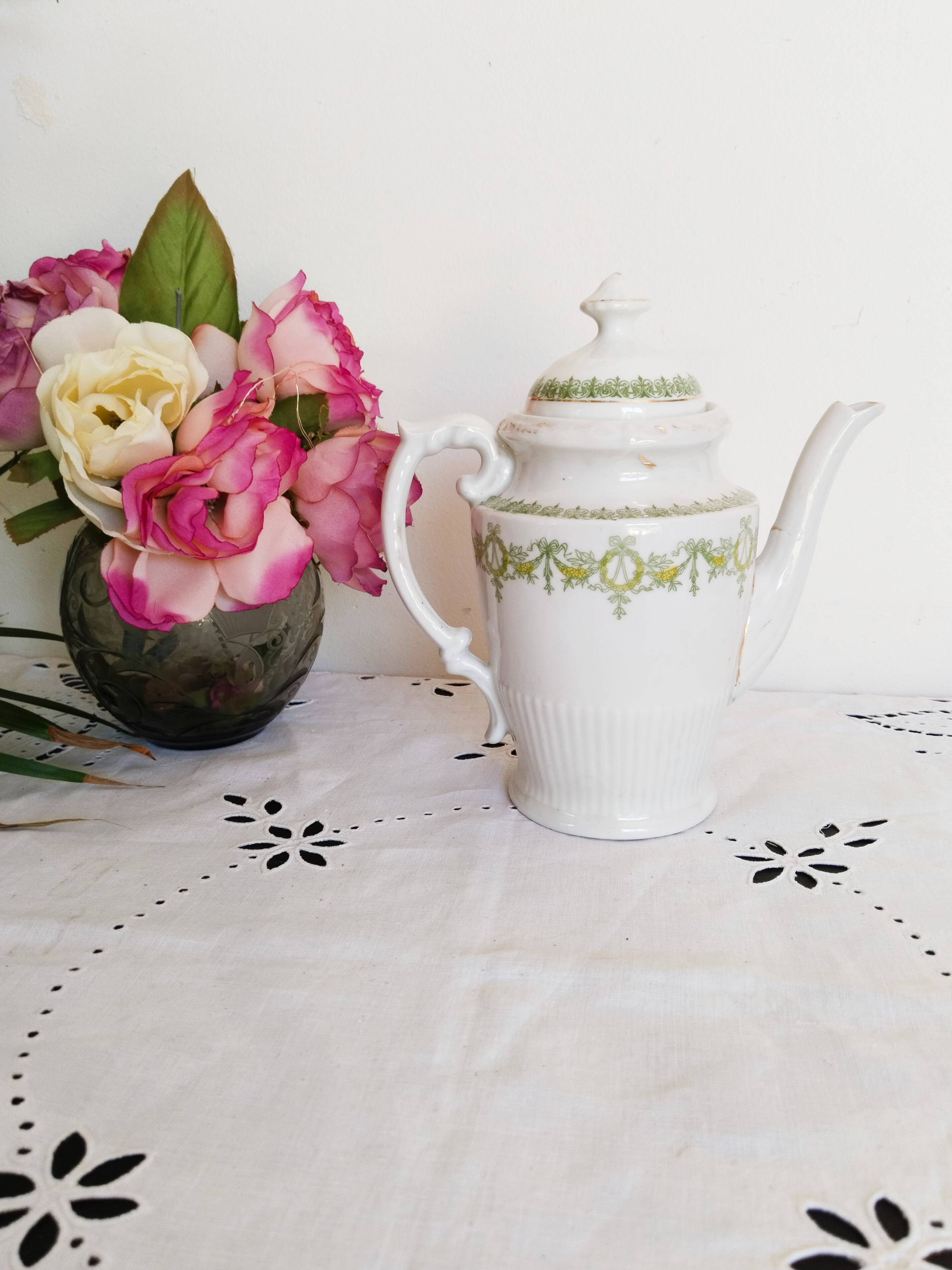 English porcelain coffee maker, green and gold, antique, vintage