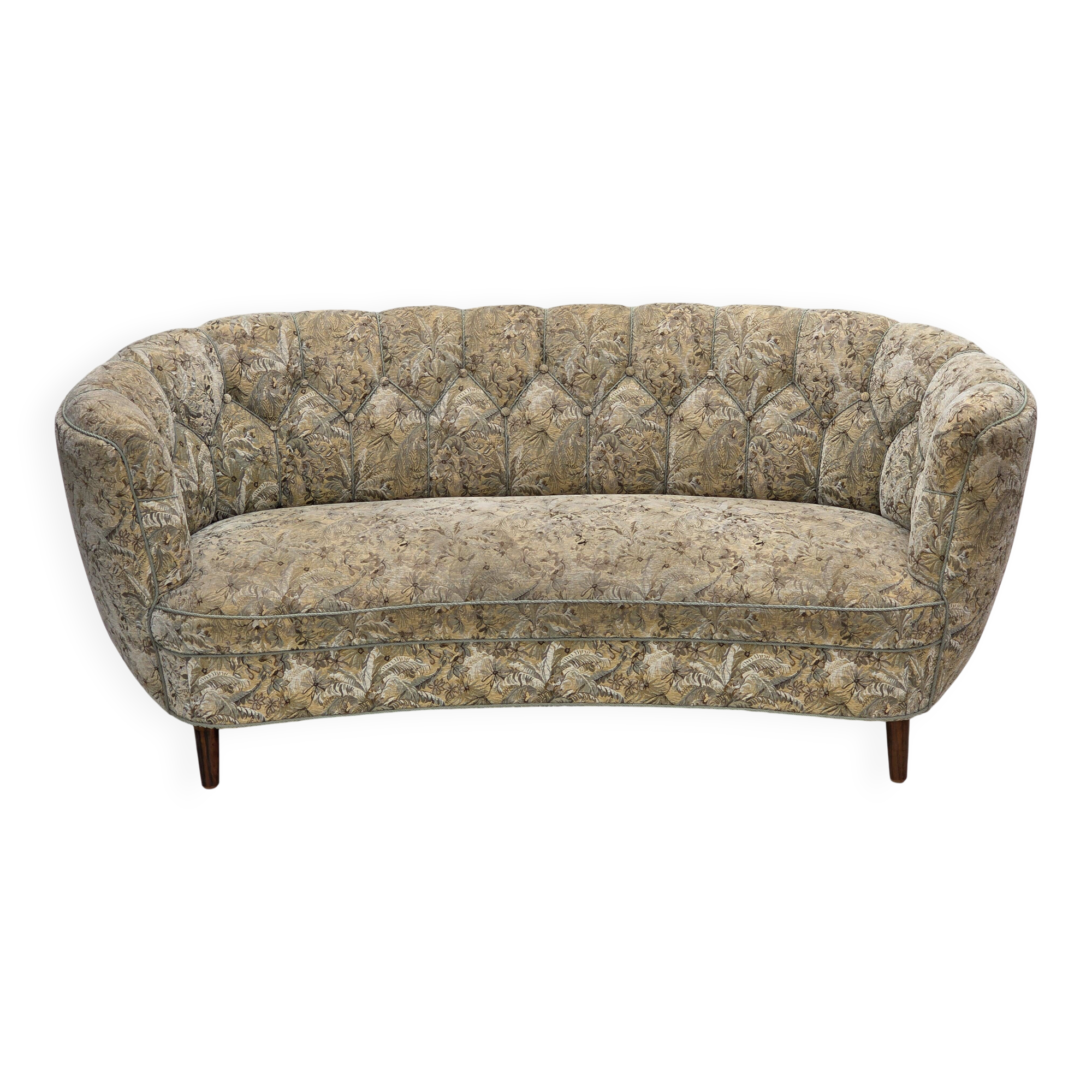 1970s, Danish 3 seater curved sofa, original multicolor furniture fabric.