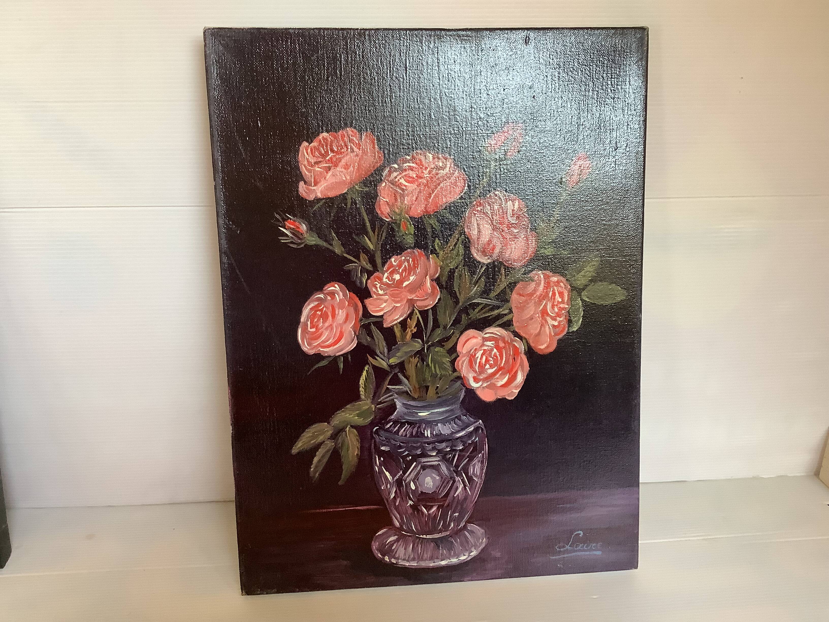 Bouquet of roses oil on canvas painting signed
