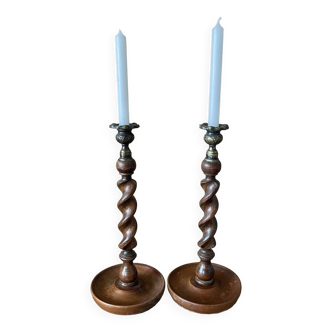 Set of 2 old wooden candlesticks