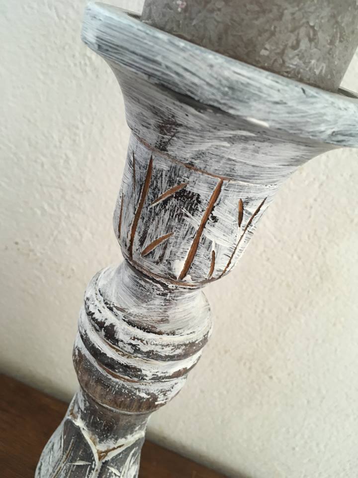 Large candlestick in white patinated wood.