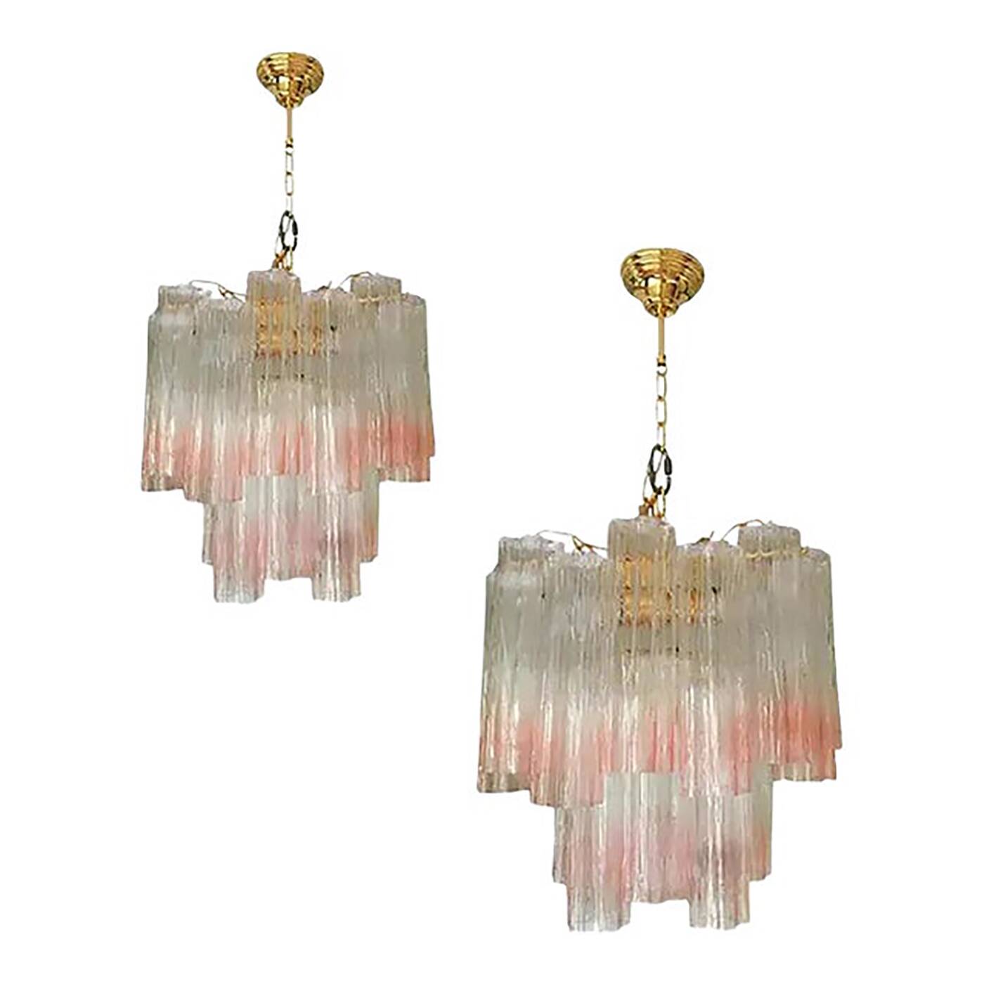 Pair of Murano Style Glass Vanished Pink Tronchi Venini Style Chandeliers