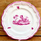 6 old flat table plates, Gien earthenware, pink landscape model.