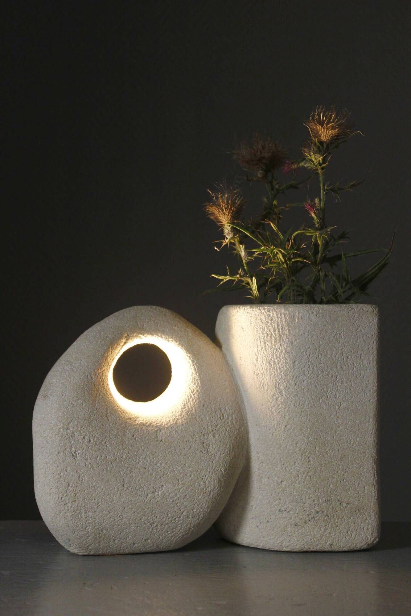 Sculptural vase lamp from Pierre du Gard, carved, 1970s design by Albert Tormos.