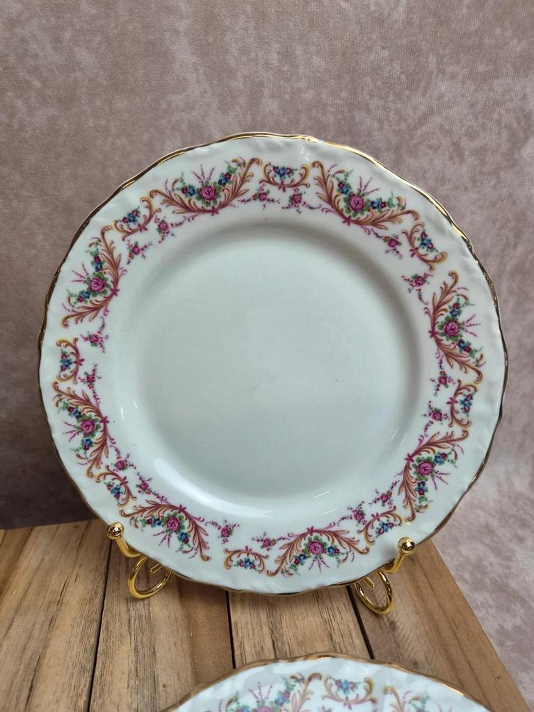 Set of 4 dessert plates French porcelain Digoin romantic floral gold decoration