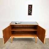 Small sideboard, WK Möbel, light coloured veneer with black glass top, 50s
