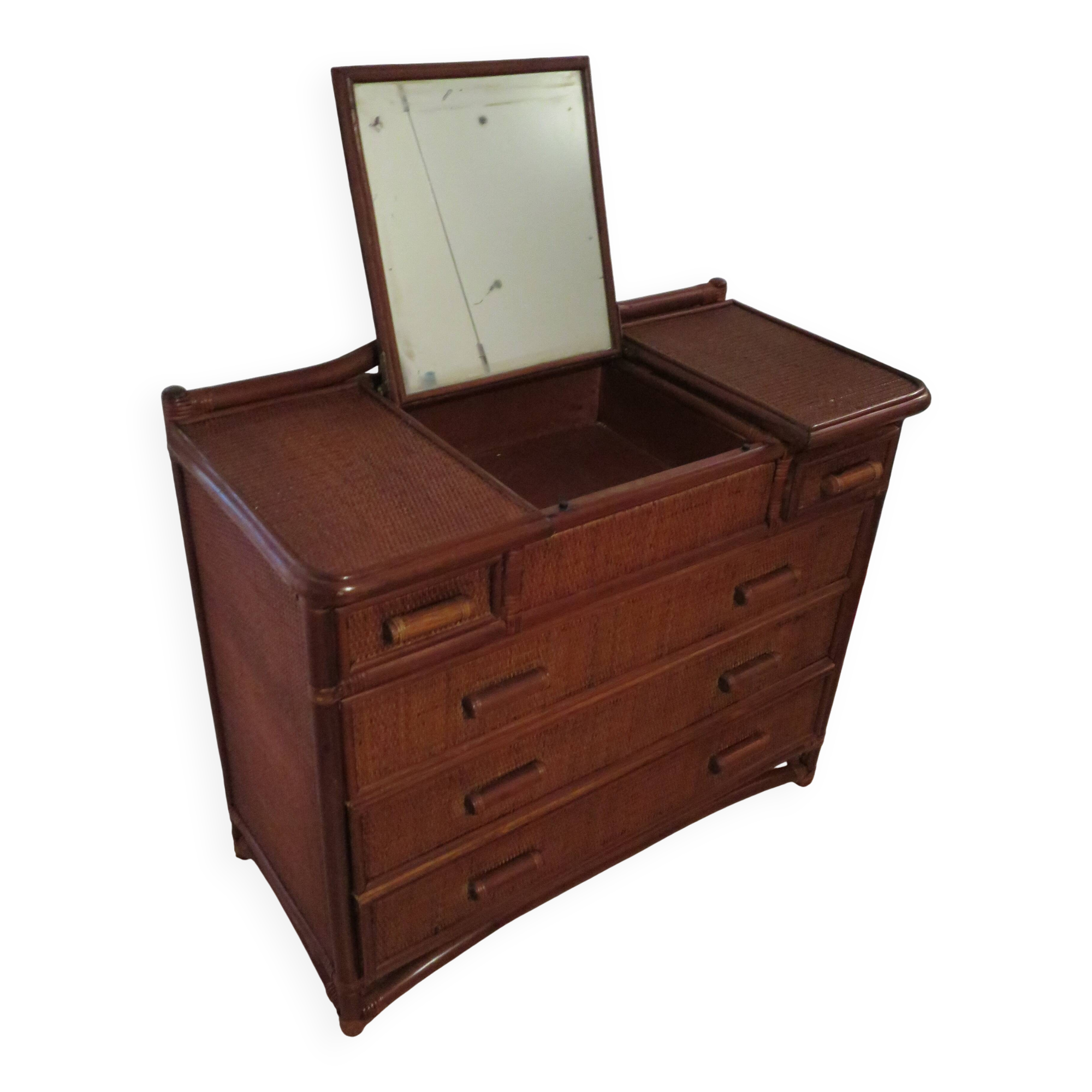 Vintage dressing table/chest - woven rattan - 5 drawers - mirror - 1960s/70s