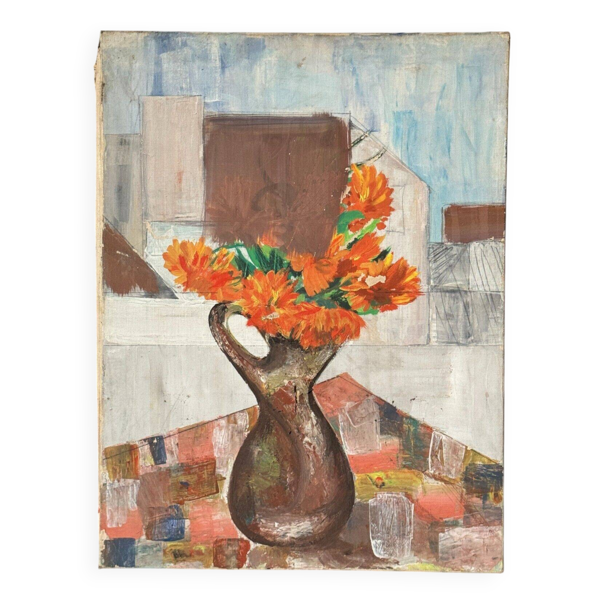 Oil on canvas still life bouquet of flowers mid 20th century