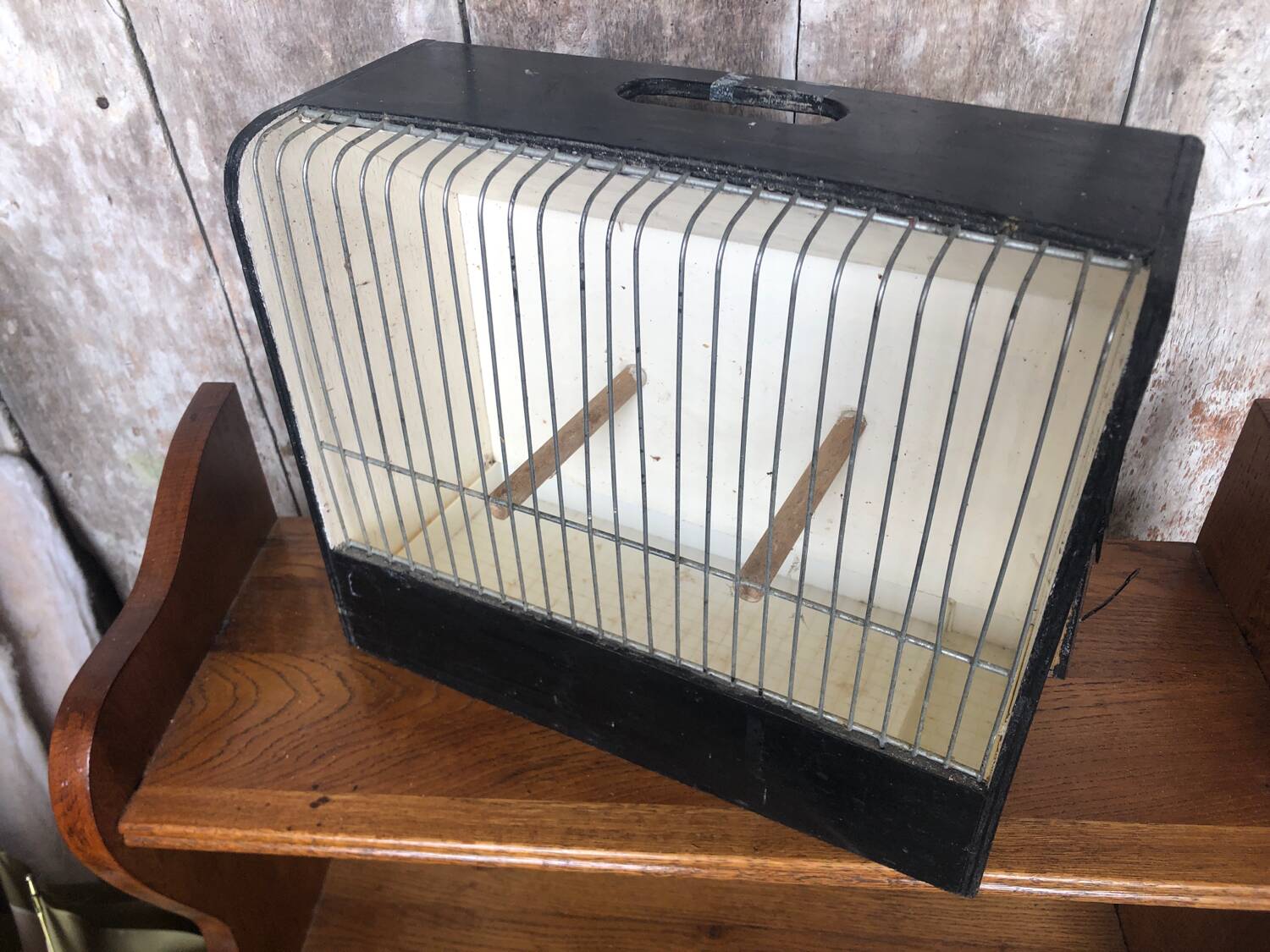 Old small bird cage caoa wood + metal + plastic tray vintage