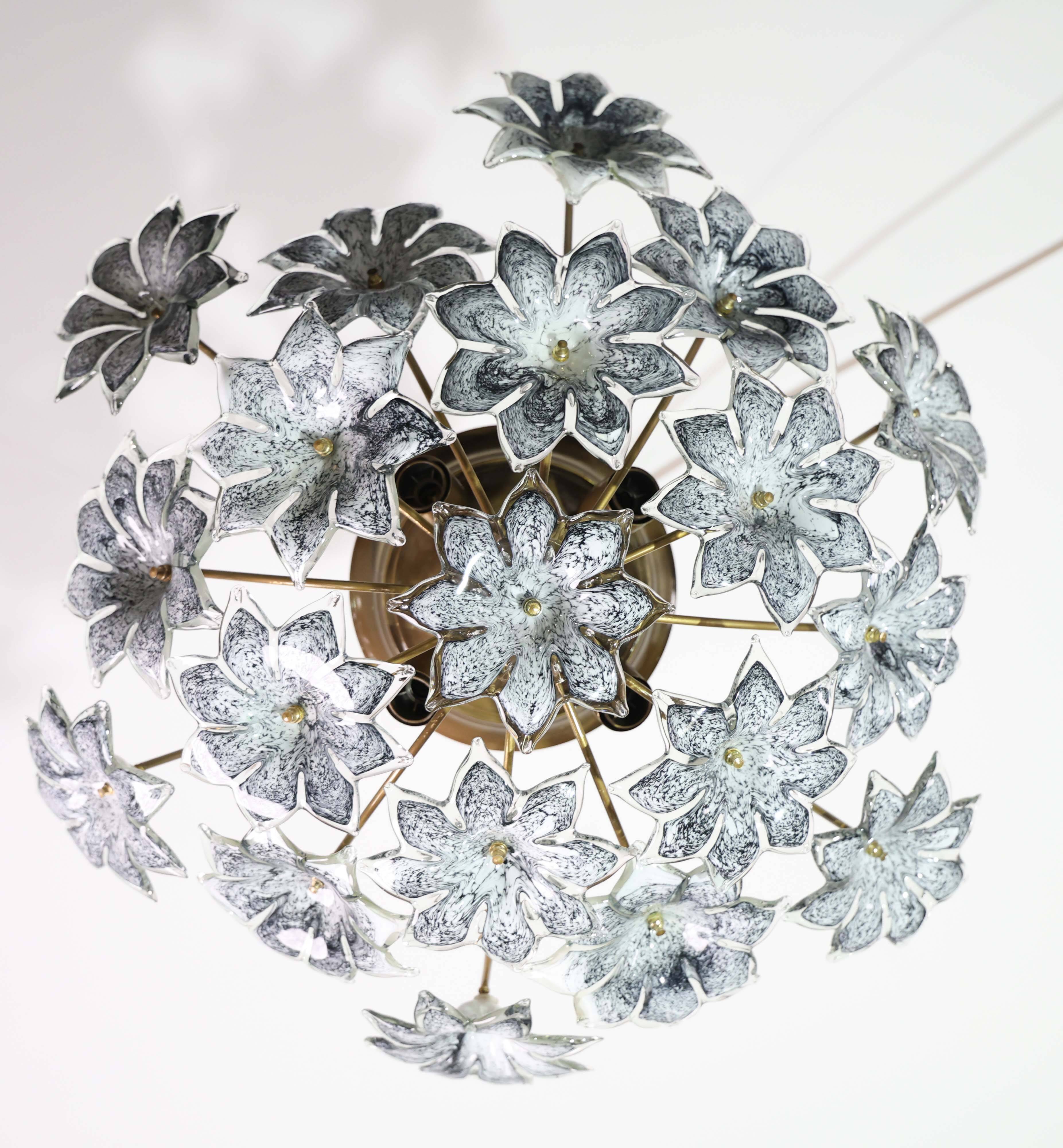 Large Murano Vintage Ceiling Light Black Flowers, 1970s