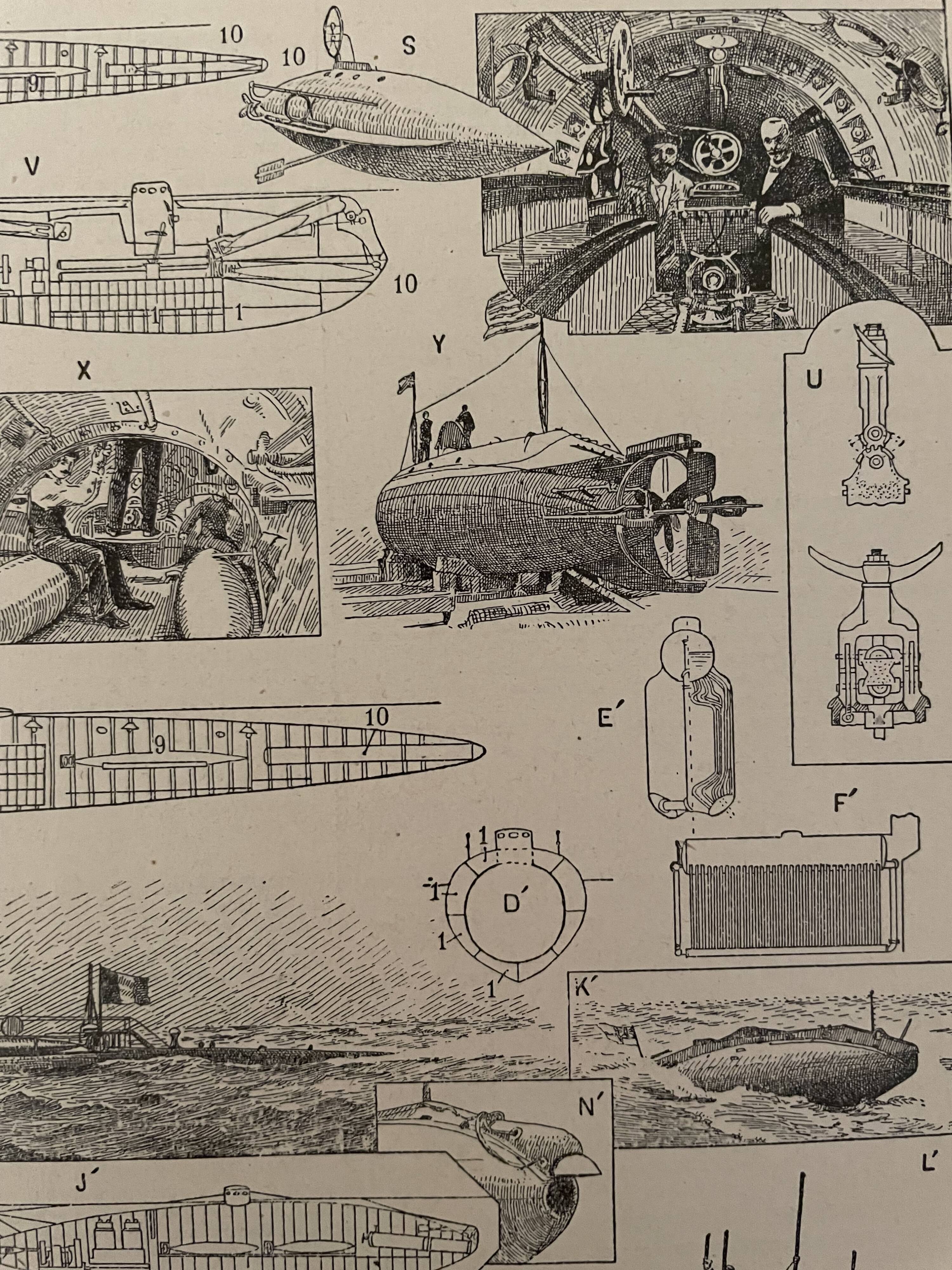 Lithograph engraving on submarines from 1897