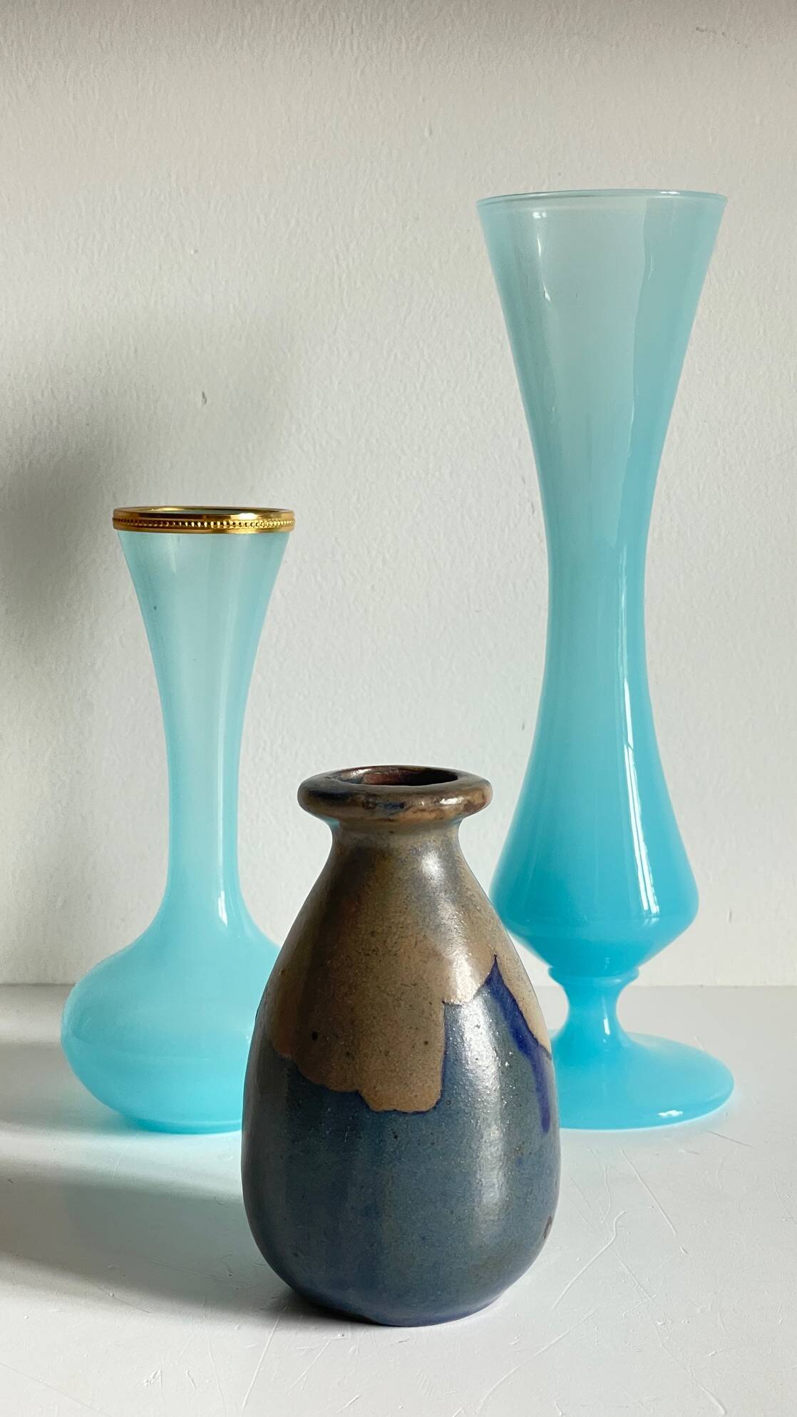 3 VASES Bleu Océan Grès et Verre OPALIN Vintage