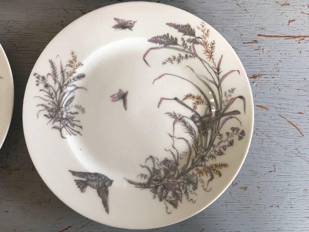 6 porcelain dessert plates with gold medals, exp 1867 1978, birds