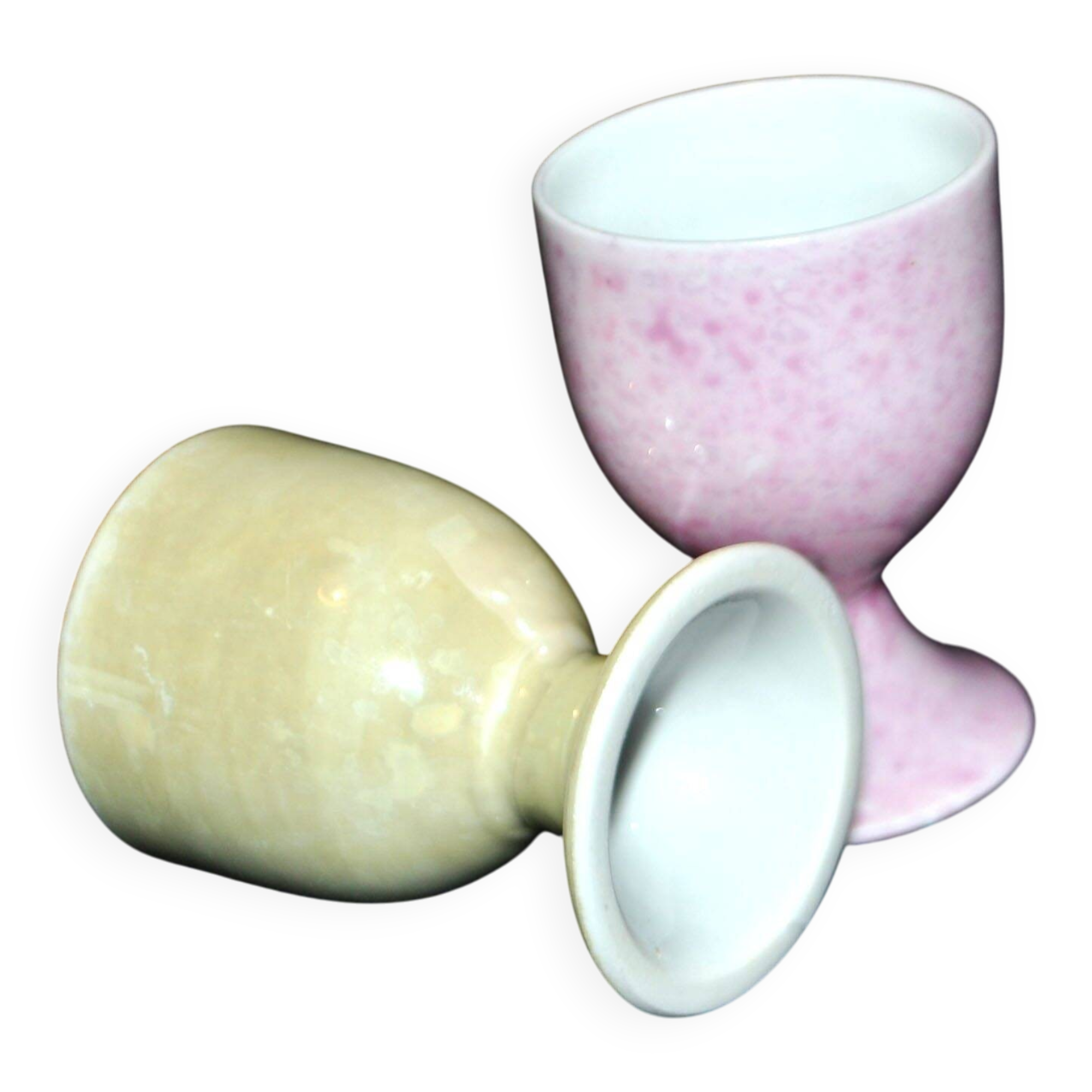 Set of 2 vintage pastel porcelain egg cups - yellow and iridescent pink