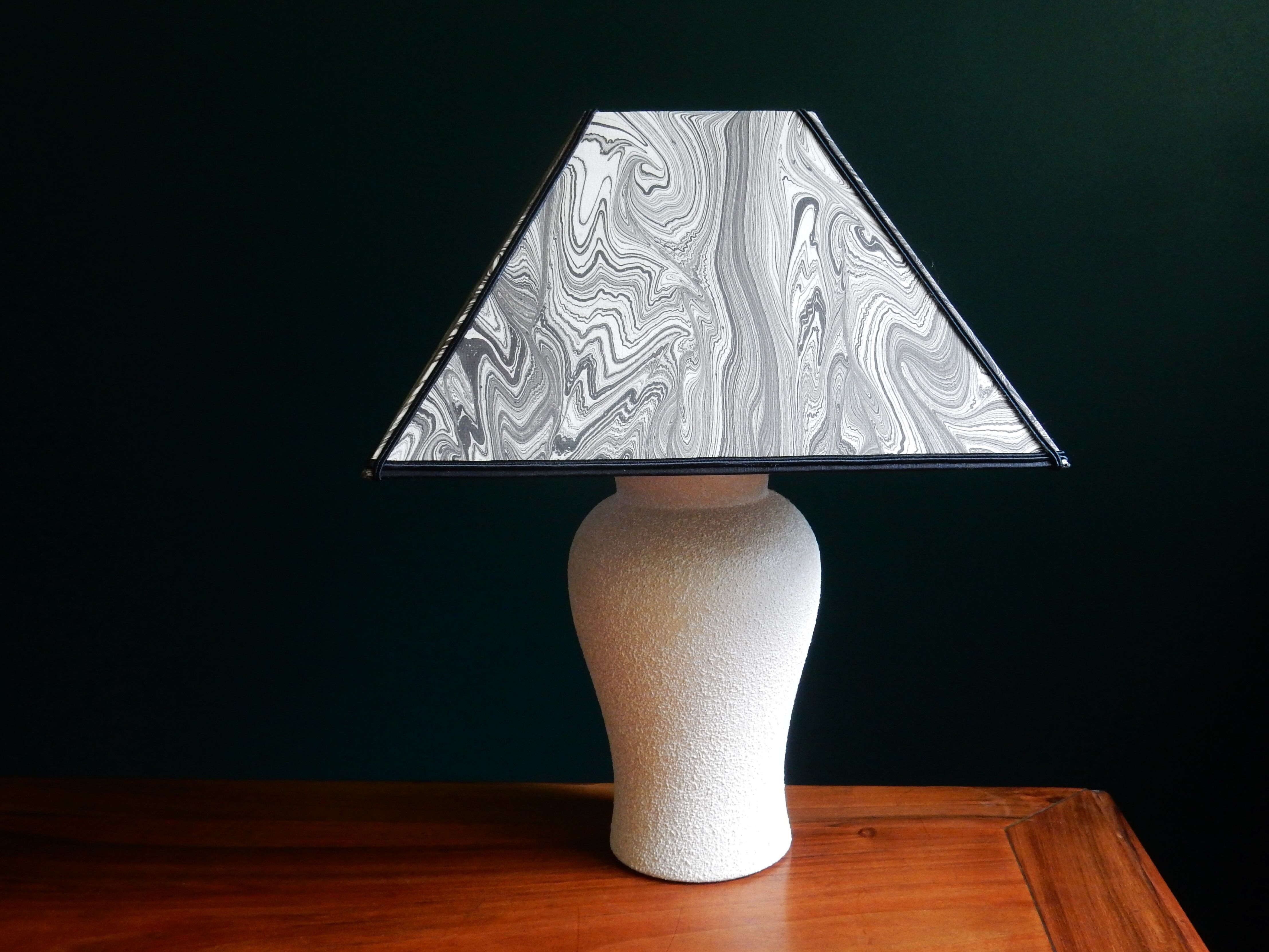Vintage granite foot lamp and pyramid lampshade in marbled paper