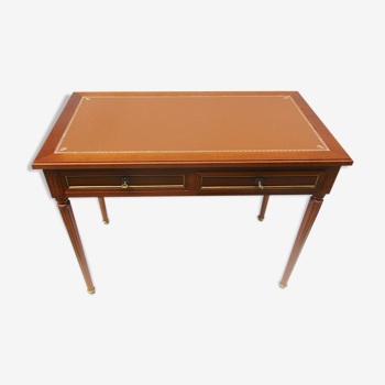 Desk 60/70, solid merisier, patinated leather on