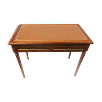 Desk 60/70, solid merisier, patinated leather on