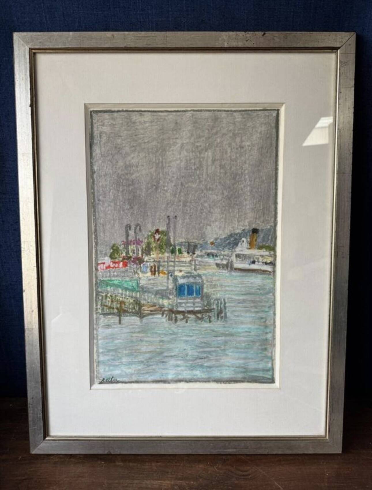 Tableau Marine. Original pastel signed by Henri Reiter. Port Normandie.