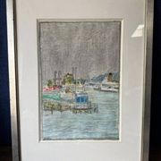 Tableau Marine. Original pastel signed by Henri Reiter. Port Normandie.