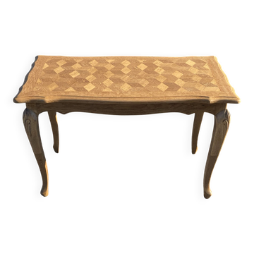 Table de salon vintage en chêne marqueté, style Louis XV - plateau mot