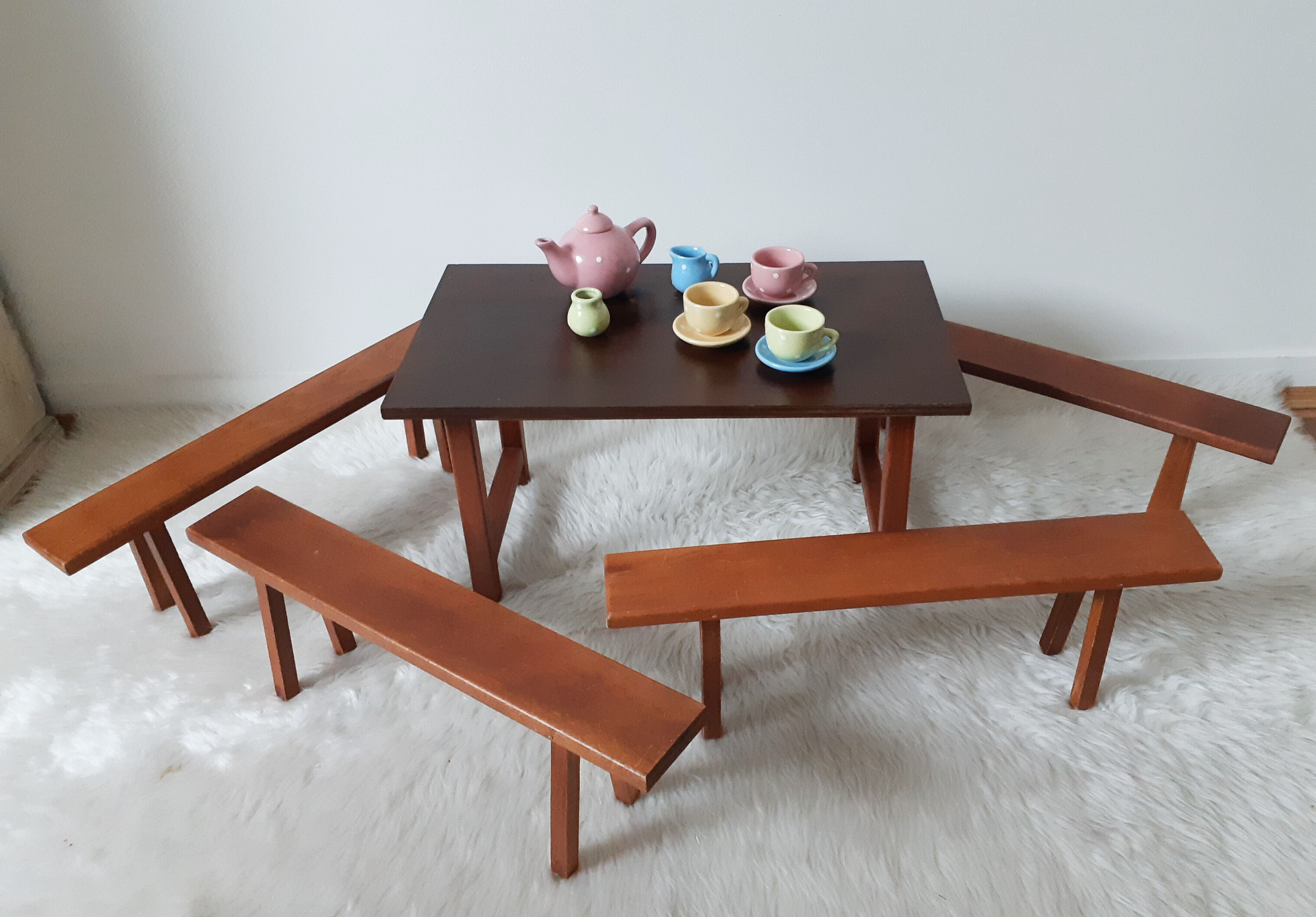 Vintage doll table and chairs, wooden, living room Dejou doll