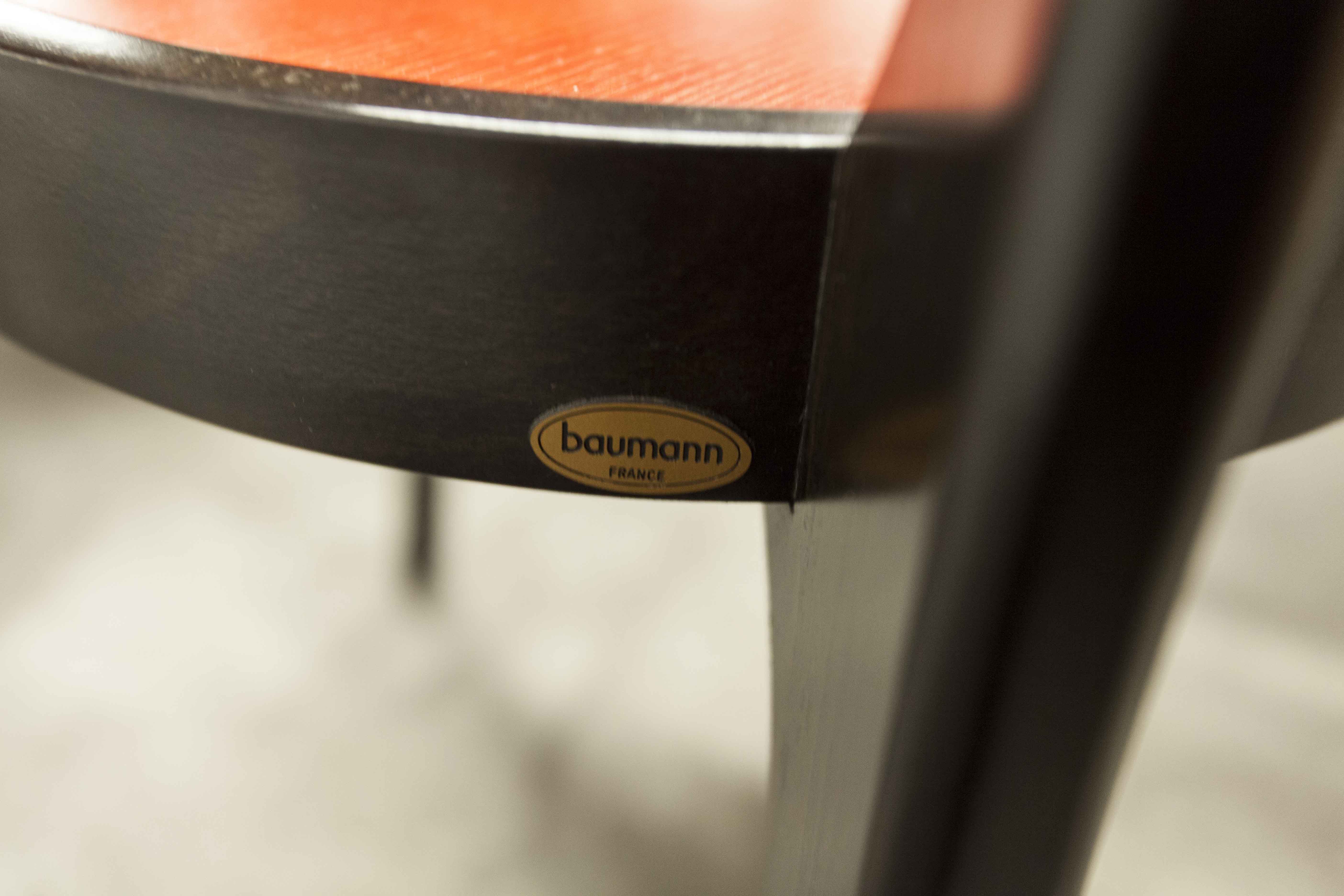 Table and 6 armchairs Baumann Diese, design Pagnon Pelhaître, Wenge color and red,