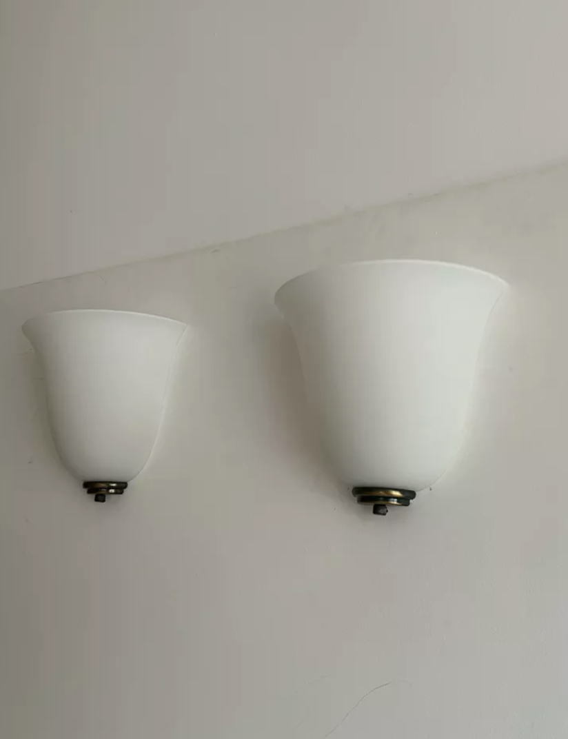 Vintage Vianne glass wall lamps, opaline and brass, Domec France 1970