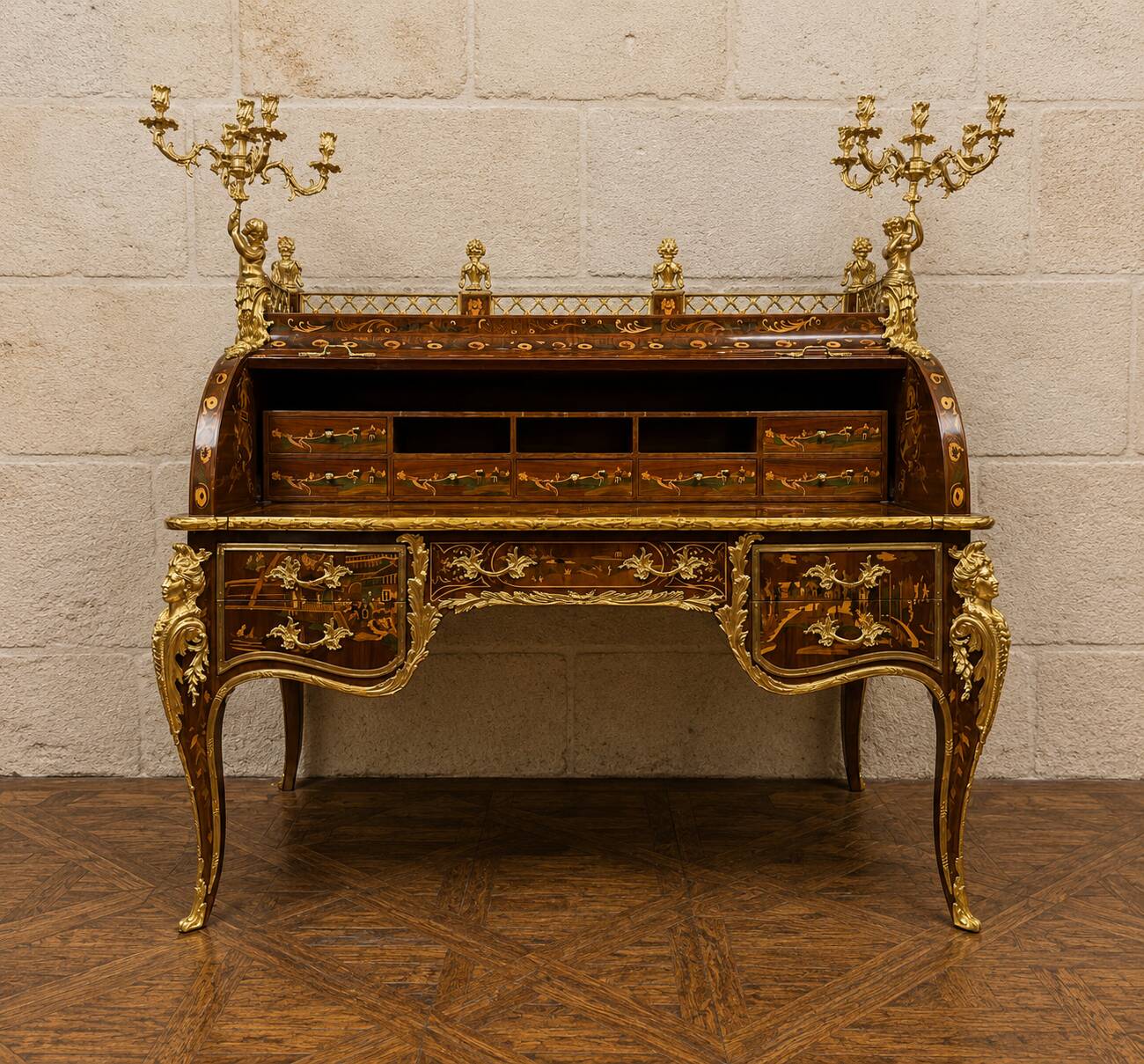 Important cylinder desk in richly marquetry Louis XV style.