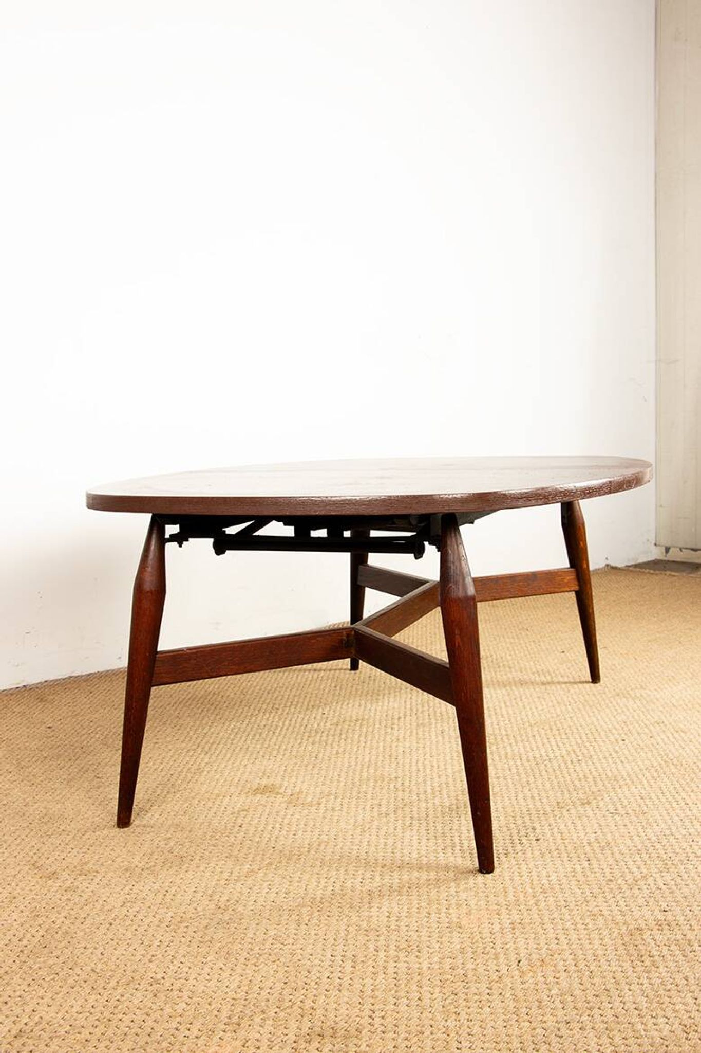 Danish high and low table in teak and brown lacquered wood, Smørrebrø model