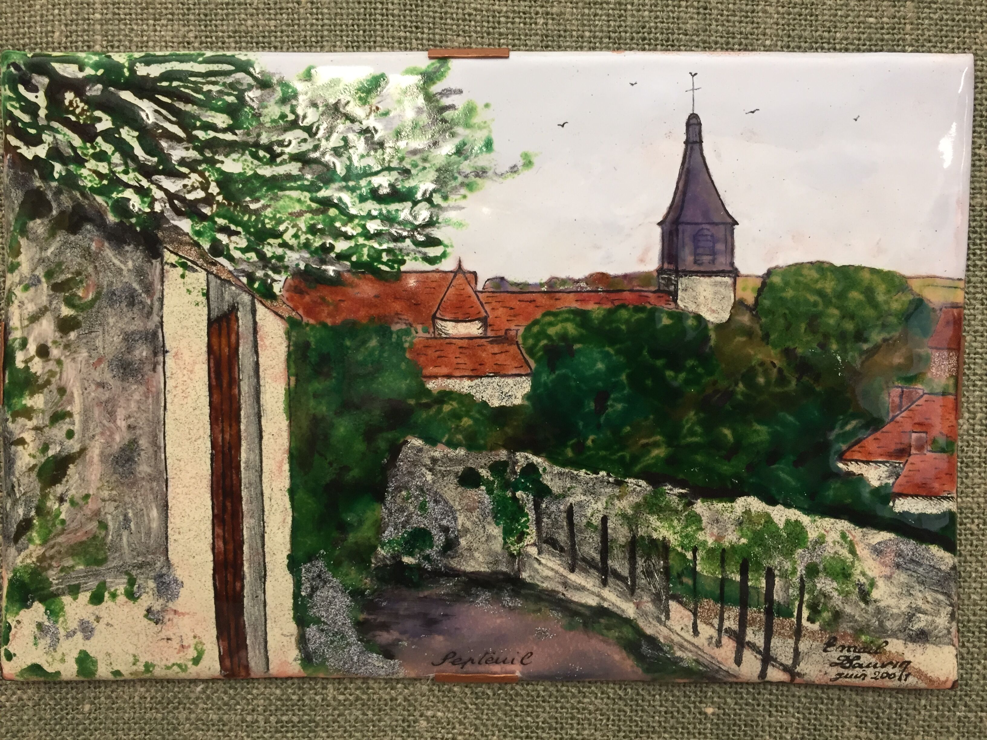 Painting frame enamelled painting signed on copper plate city of septeuil 78