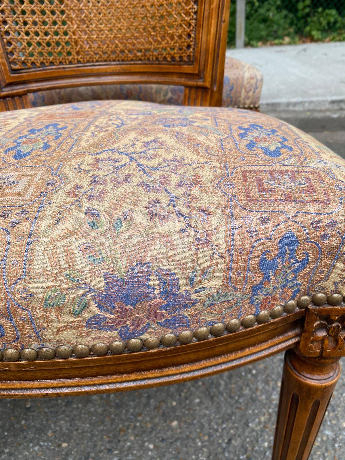 Set of 6 Louis XVI style chairs with caned backs and 70s jacquard fabric.