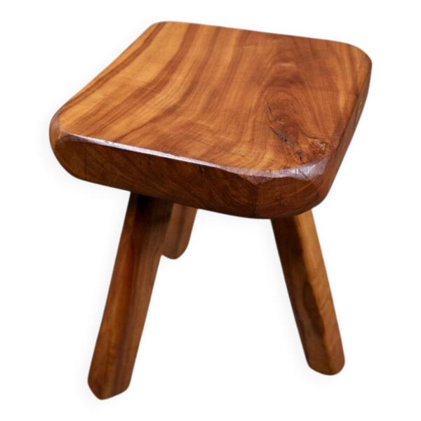 Tabouret brutaliste en orme massif, travail français des années 1960