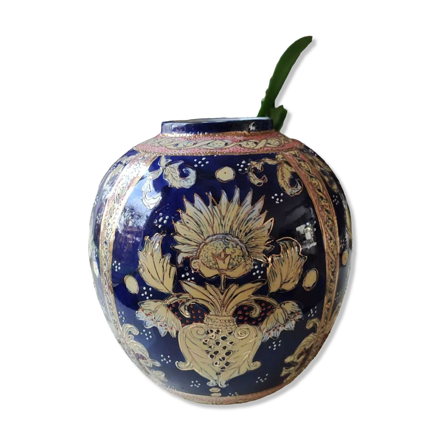 Handcrafted Chinese vase shaped ball in enamelled ceramic. Floral motifs/Ribboned friezes