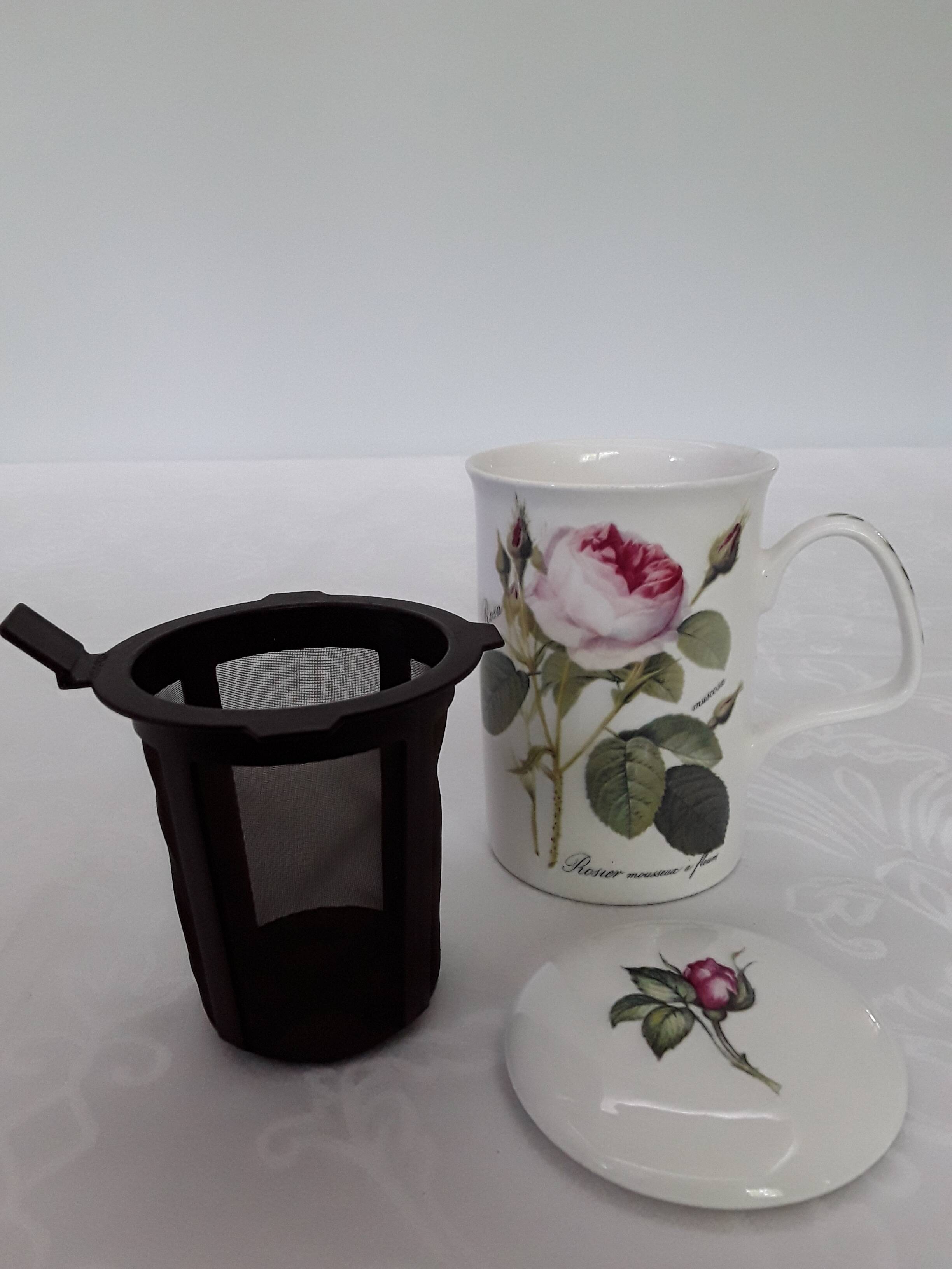 Mug, rose bush decor cup with lid and tea infuser