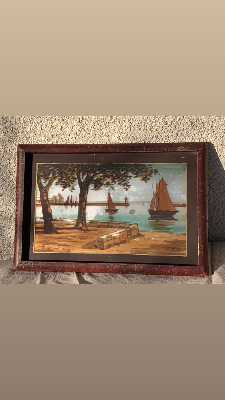 Marine painting, fixed on glass, signed P. Alix, art deco, old