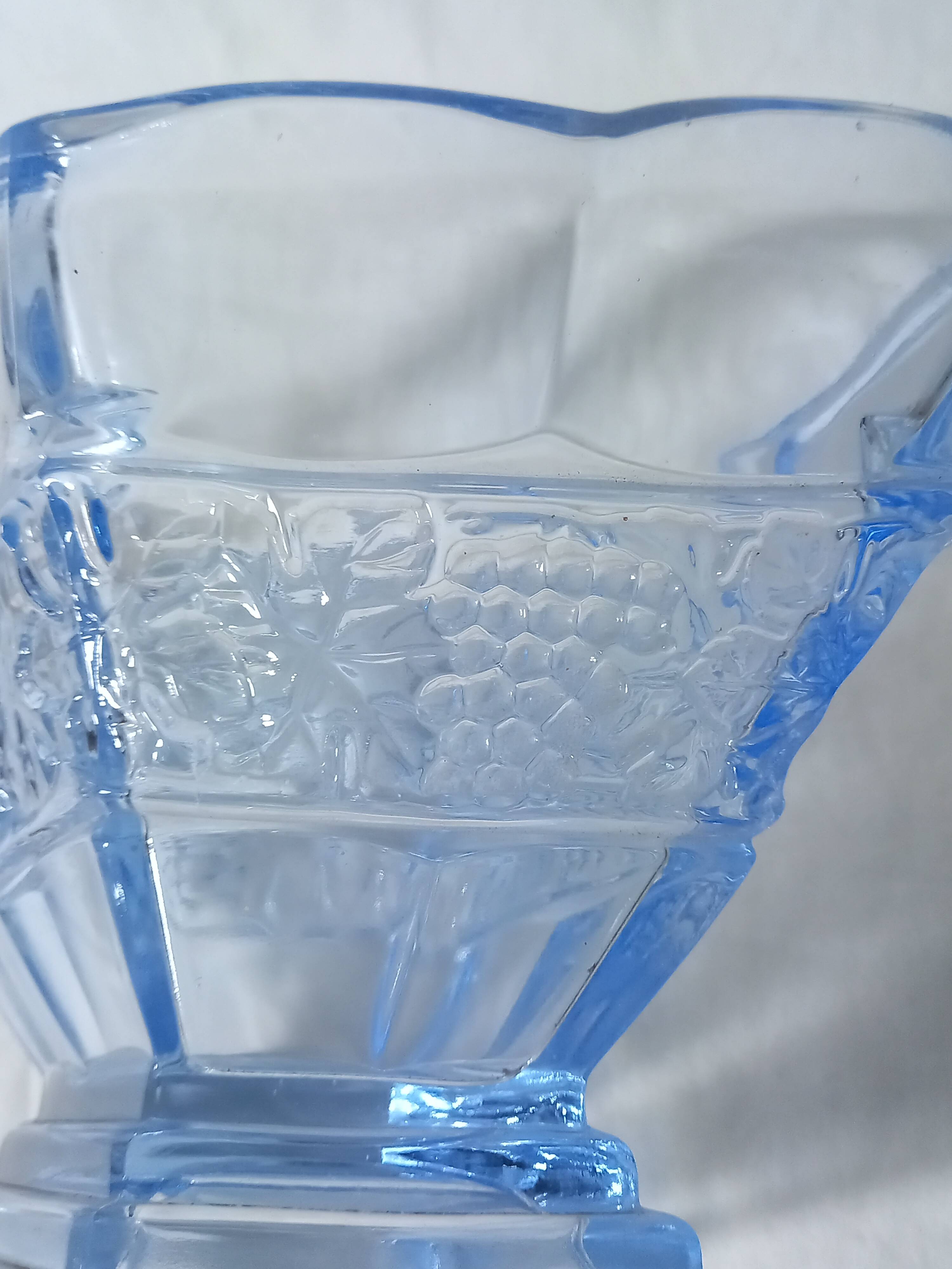 Art deco diamond-shaped vase in light blue color pressed molded glass