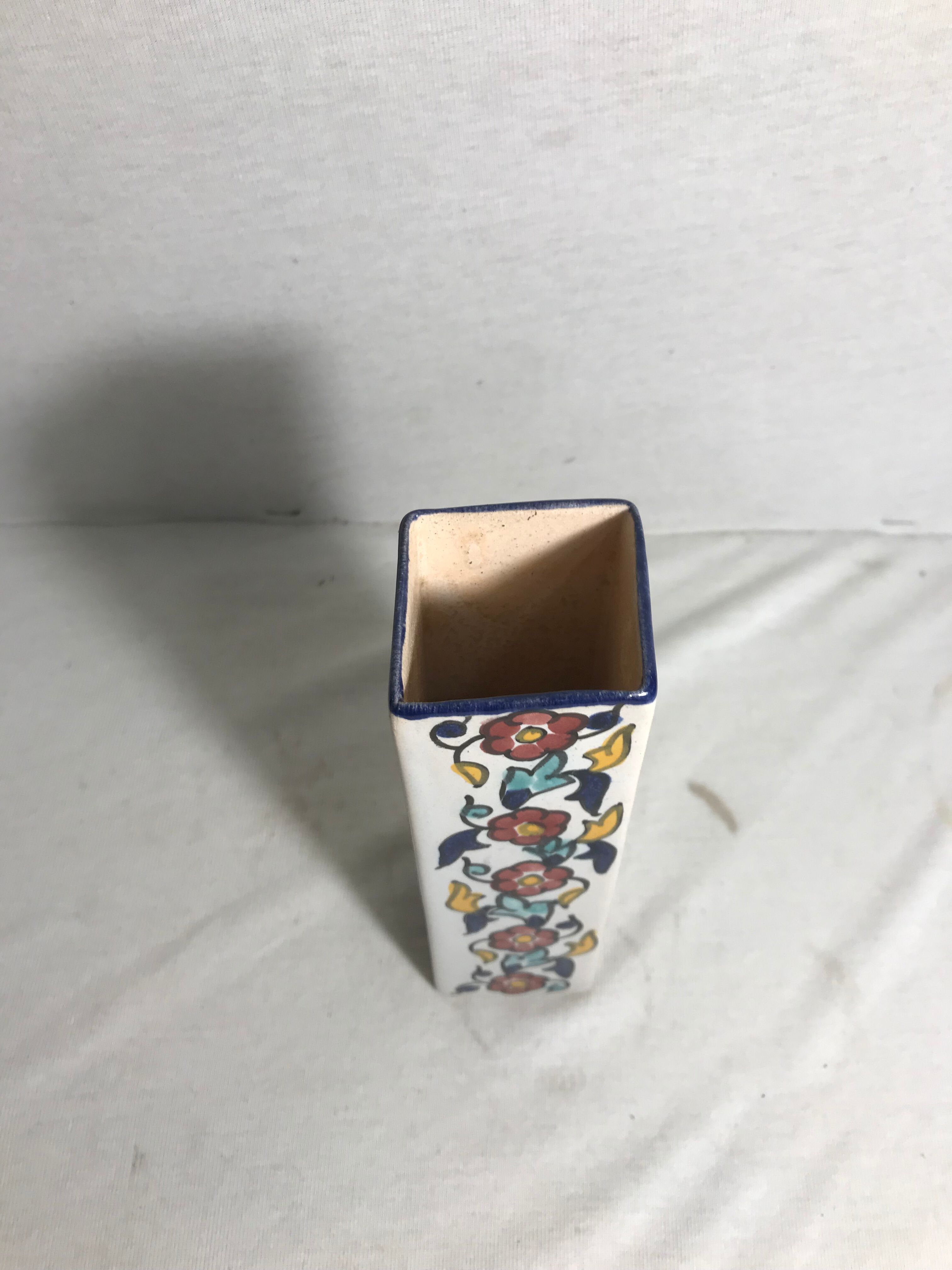 Square old glazed ceramic vase design flowers vintage