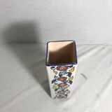 Vase carré ancien céramique émaillée dessin fleurs vintage