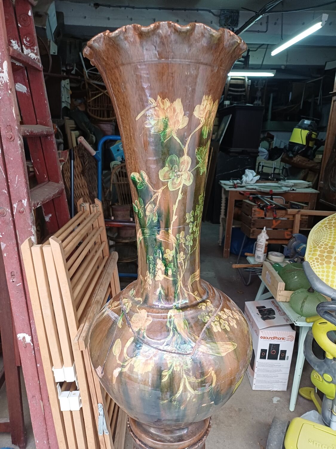 Large ceramic vase on a column, 1.49 meters tall, circa 1900, in its original condition.