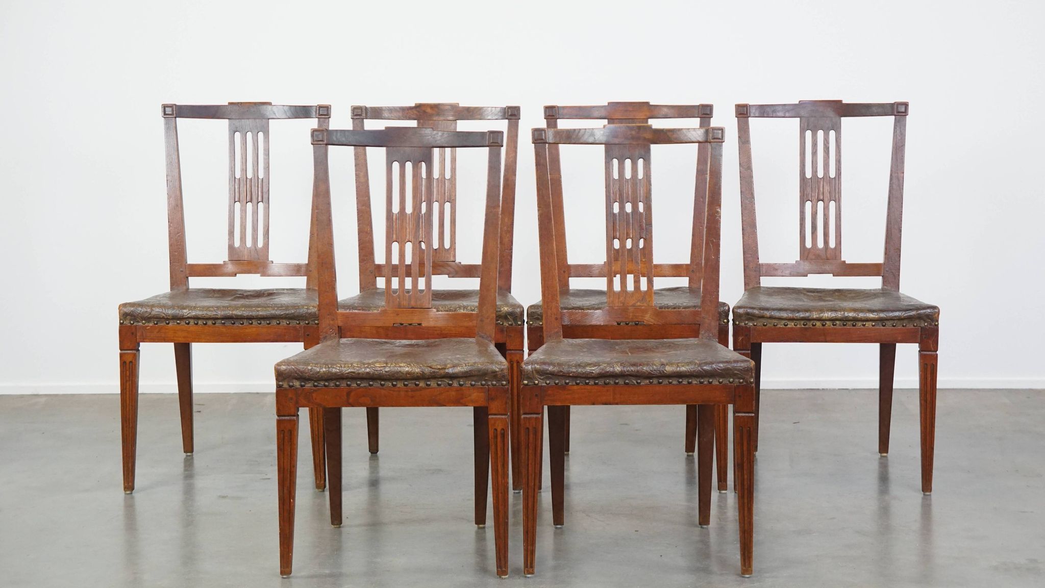 Set of 6 Original Antique Dutch Leather Dining Chairs