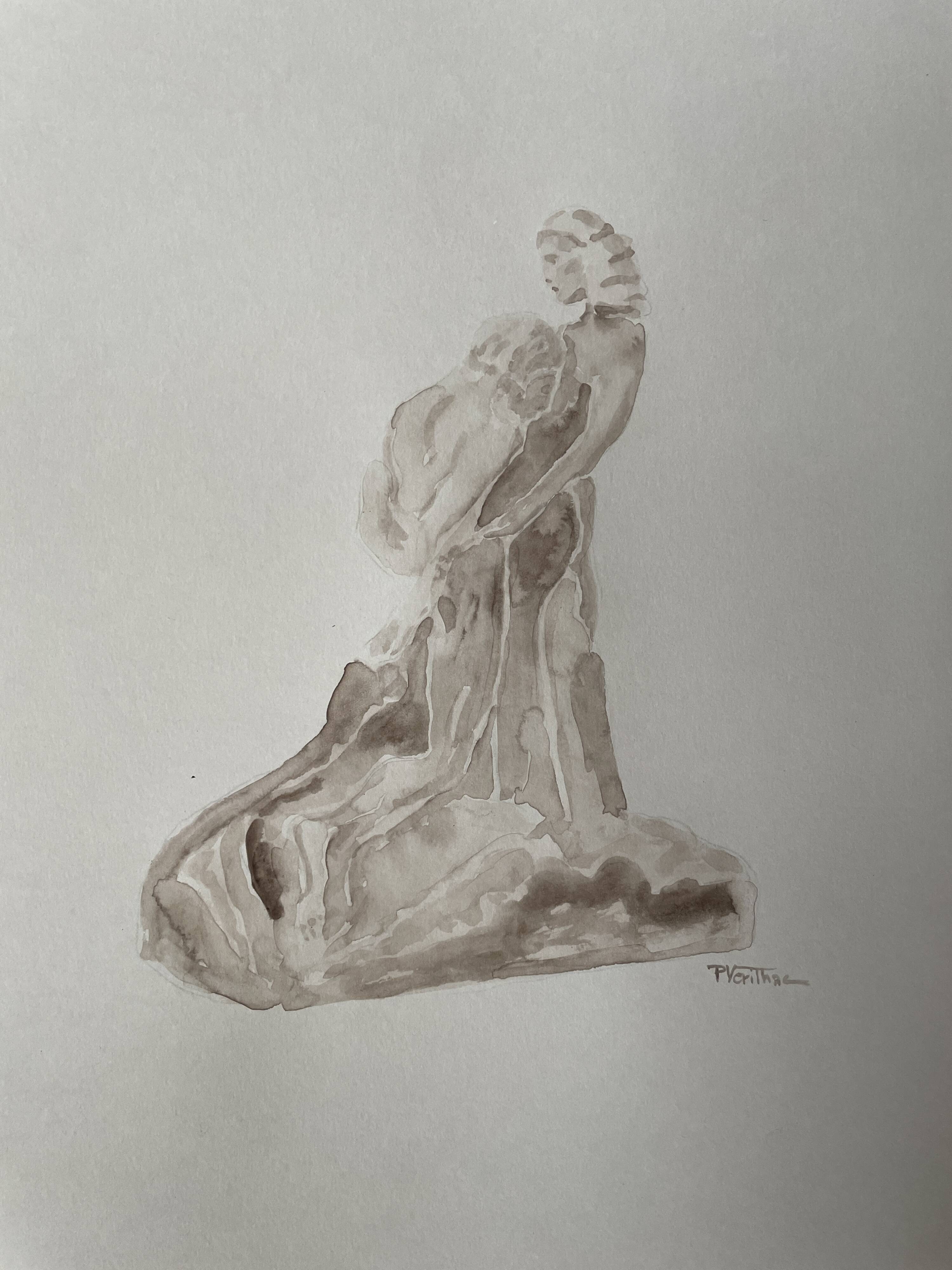 Painting signed sepia monochrome watercolor study of the statue “the eternal idol of Rodin”