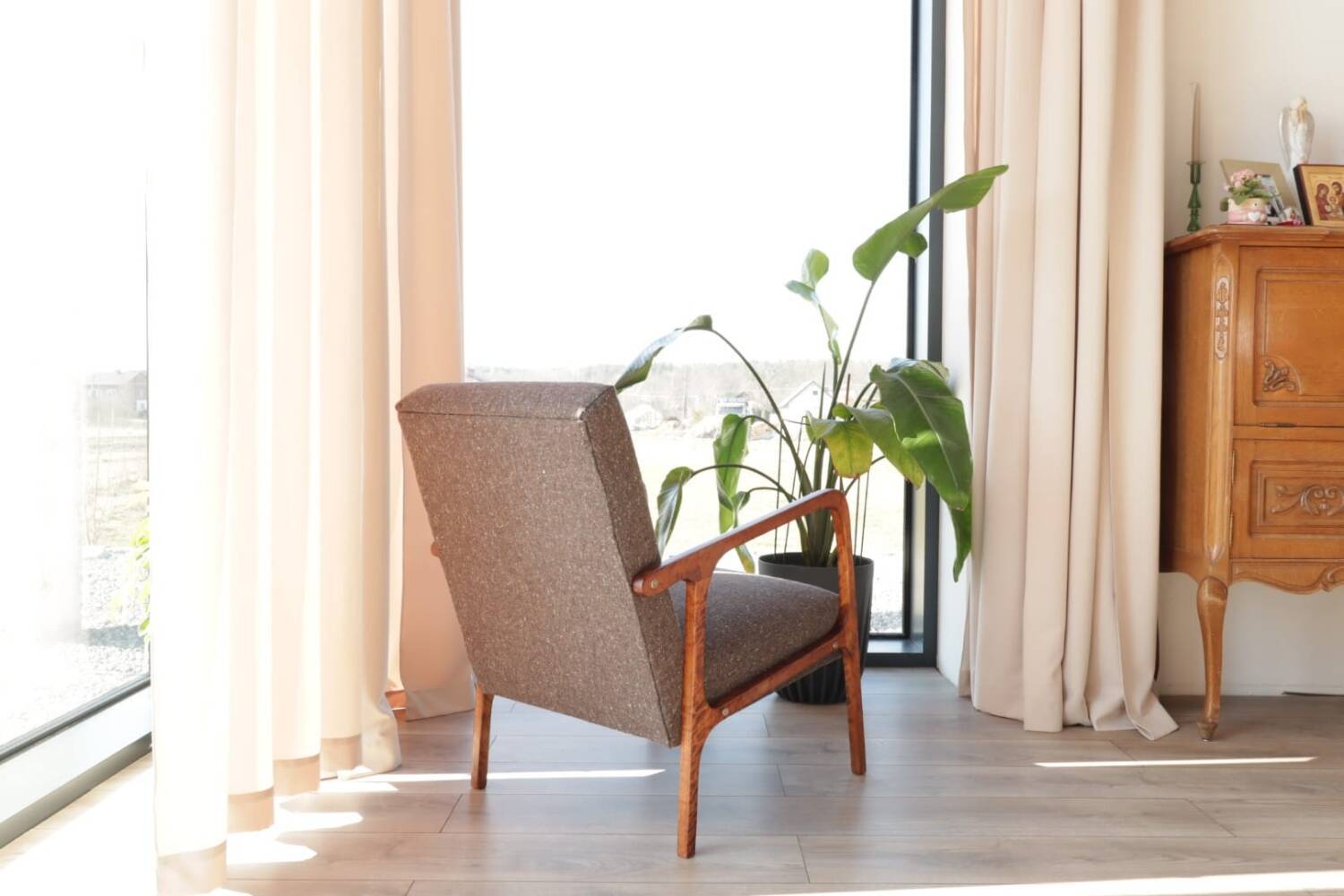 Mid Century Armchair Cacao Tweed Upholstery, 1960, Poland