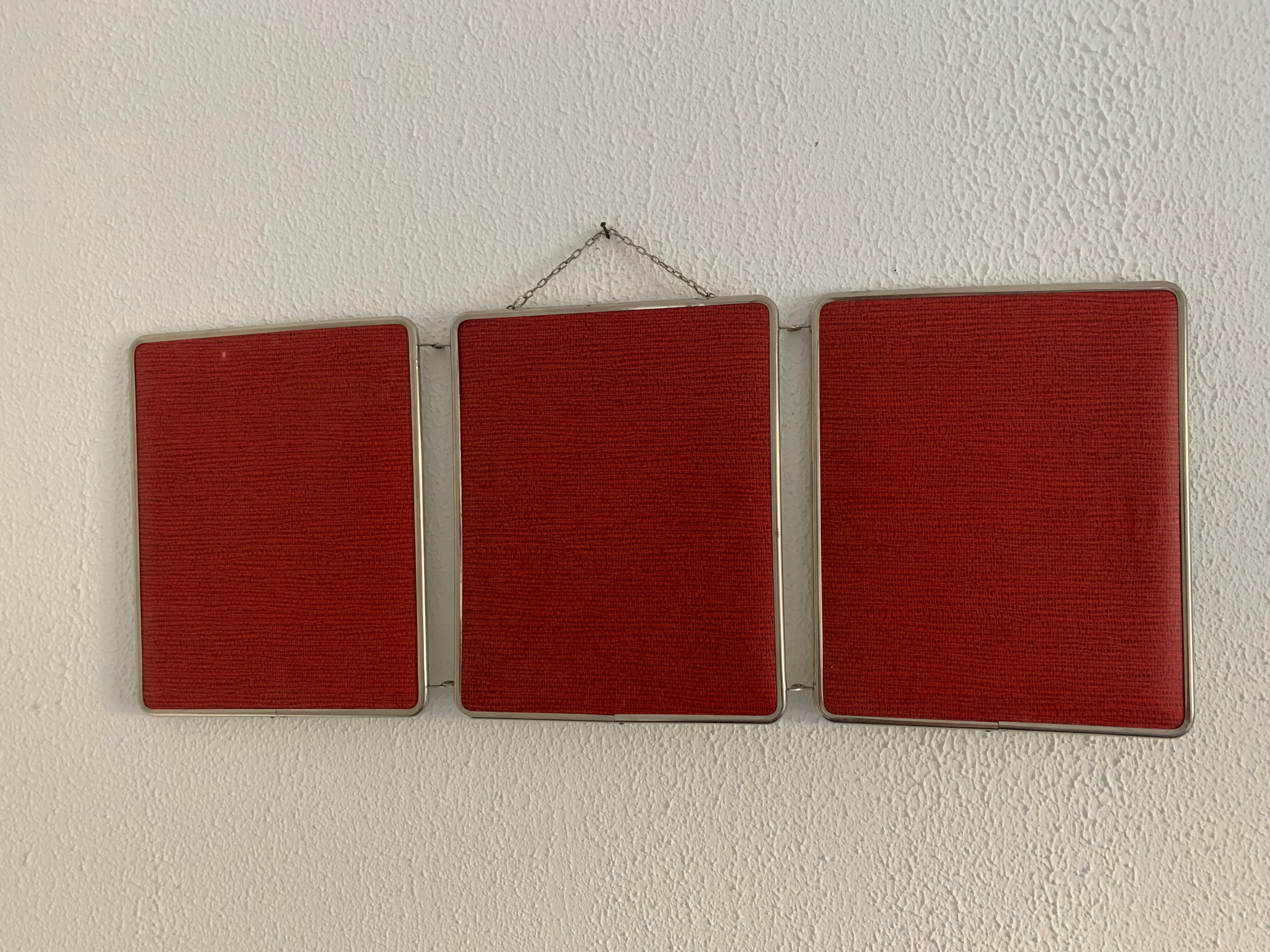 Vintage mirror 1960 triptych barber red brick - 30 x 77 cm