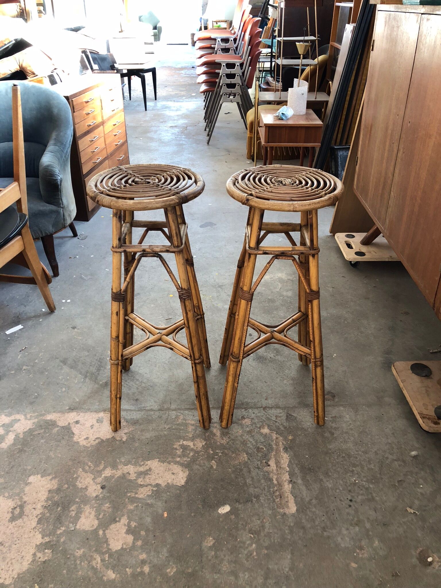 Set of 2 vintage rattan stools