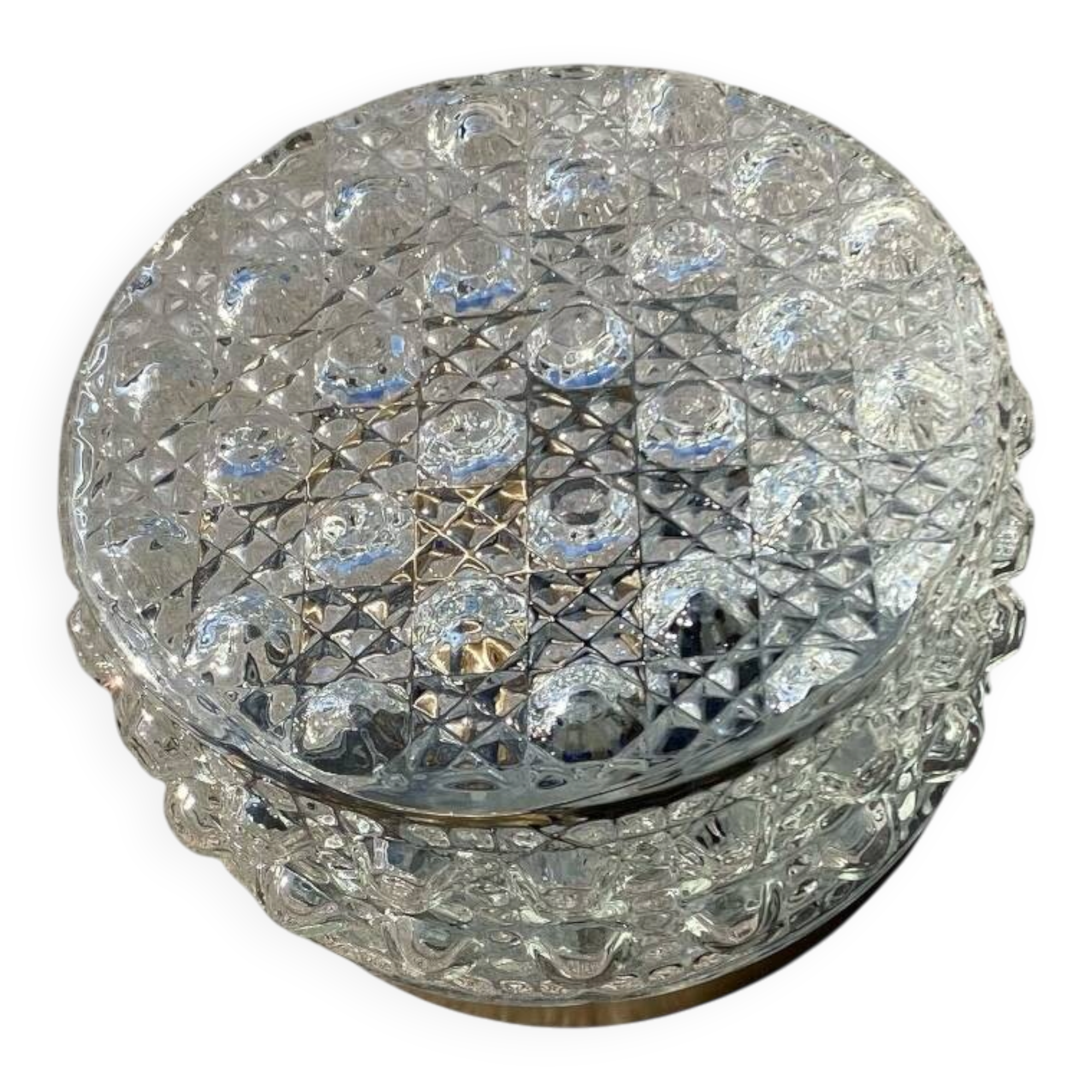 Small round wall light ceiling fixture in glass vintage diamond point.